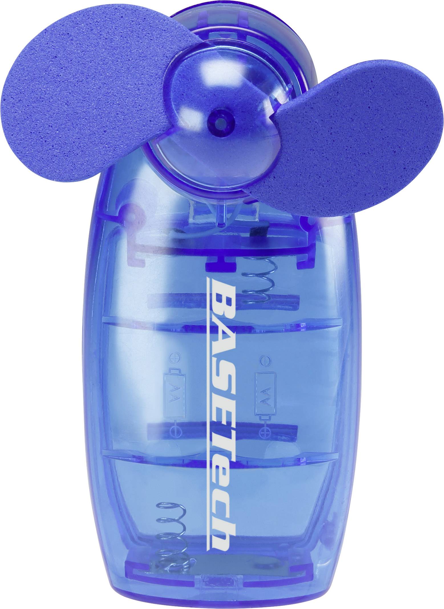 Blue, transparent hand-held fan with two rotor blades and 'BASETech' branding printed on it. Battery compartment visible in the lower section.