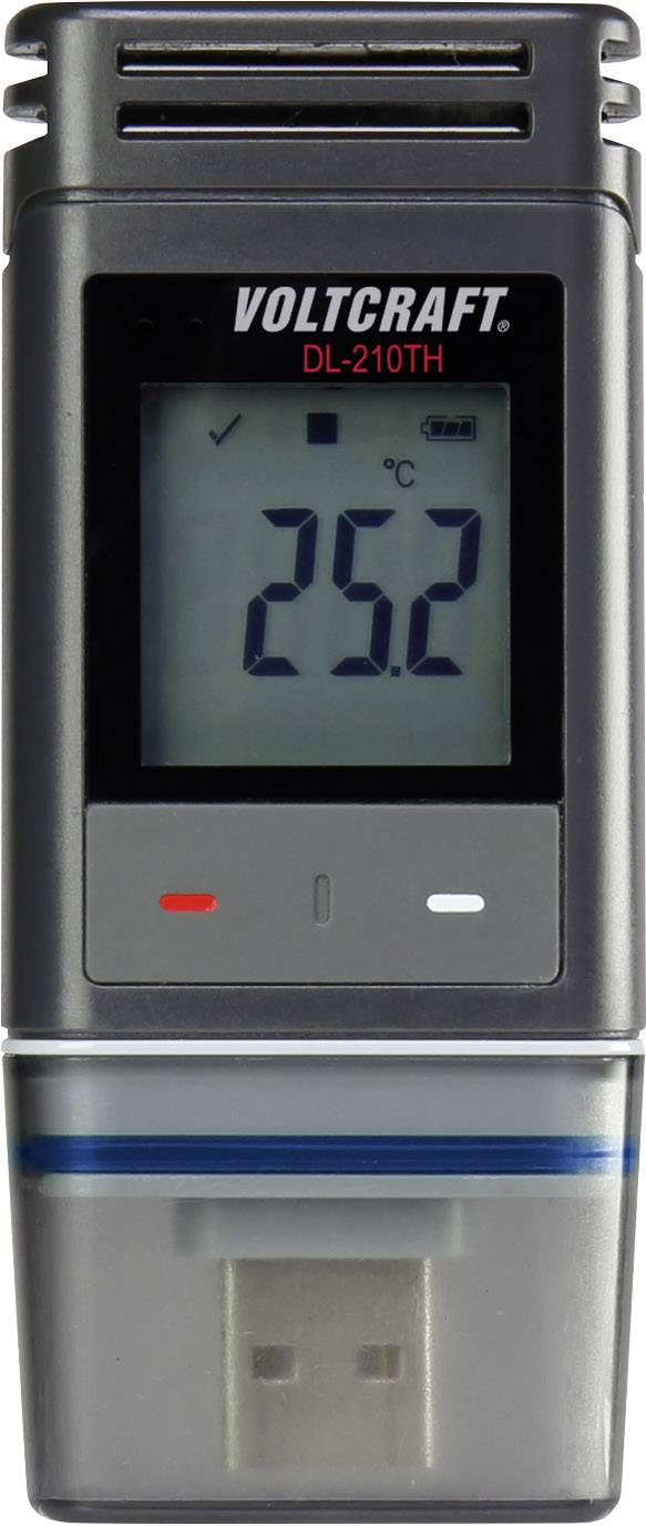 A grey temperature data logger with '25.2°C' displayed on the screen. USB port at the bottom, with two indicator lights beside it.