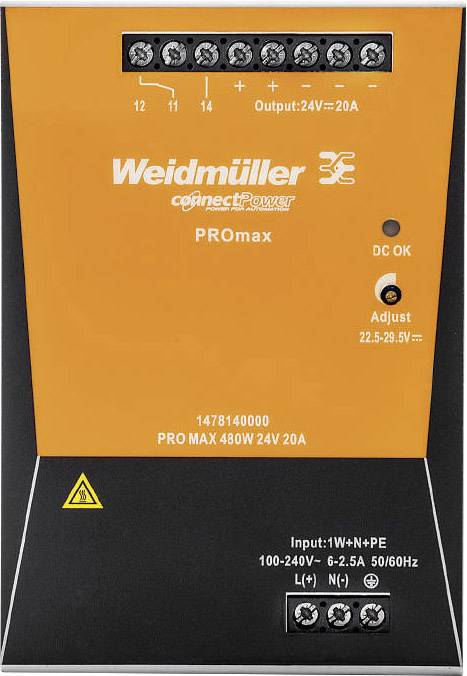 Orange-graues Weidmüller PROmax Stromversorgungssystem. Output: 24V, 20A. Anzeigen für 'DC OK' und 'Adjust'. Modellnummer: 1478140000.