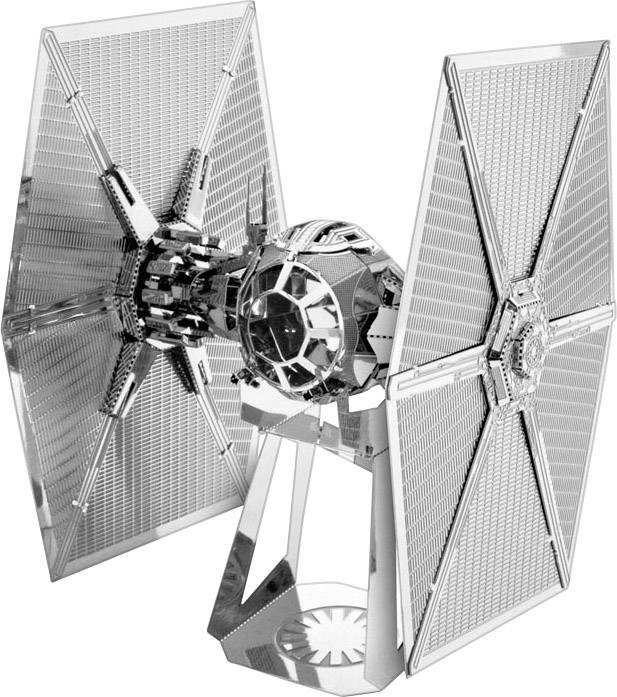 A silver model of a futuristic spacecraft with large, rectangular wings and a spherical cockpit.