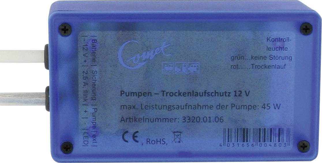 Blue plastic device with label: 'Pump – Dry Running Protection 12 V, max. Power Consumption of Pump: 45 W'.