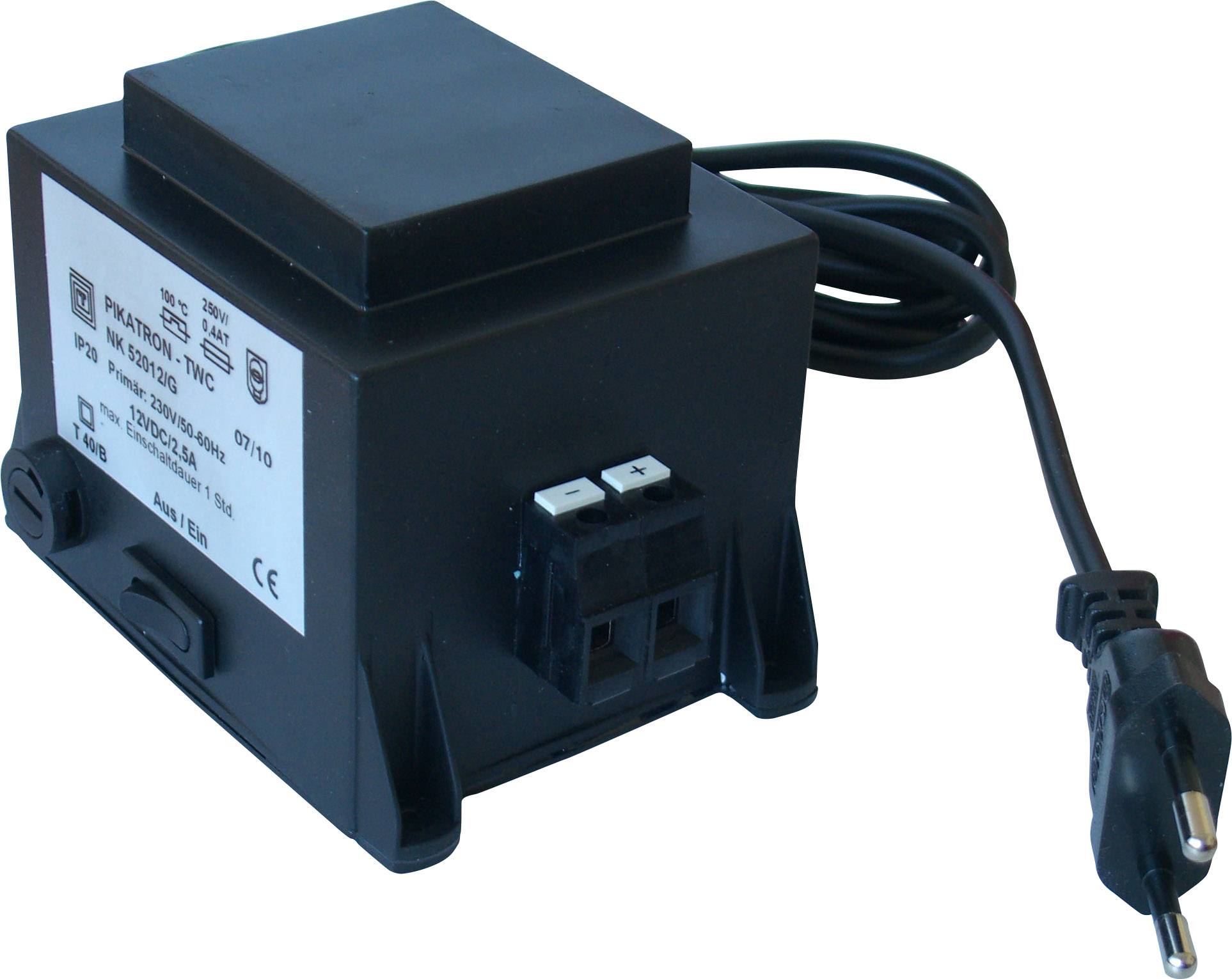 Black transformer with cable and Schuko plug; printed specifications and CE mark visible.