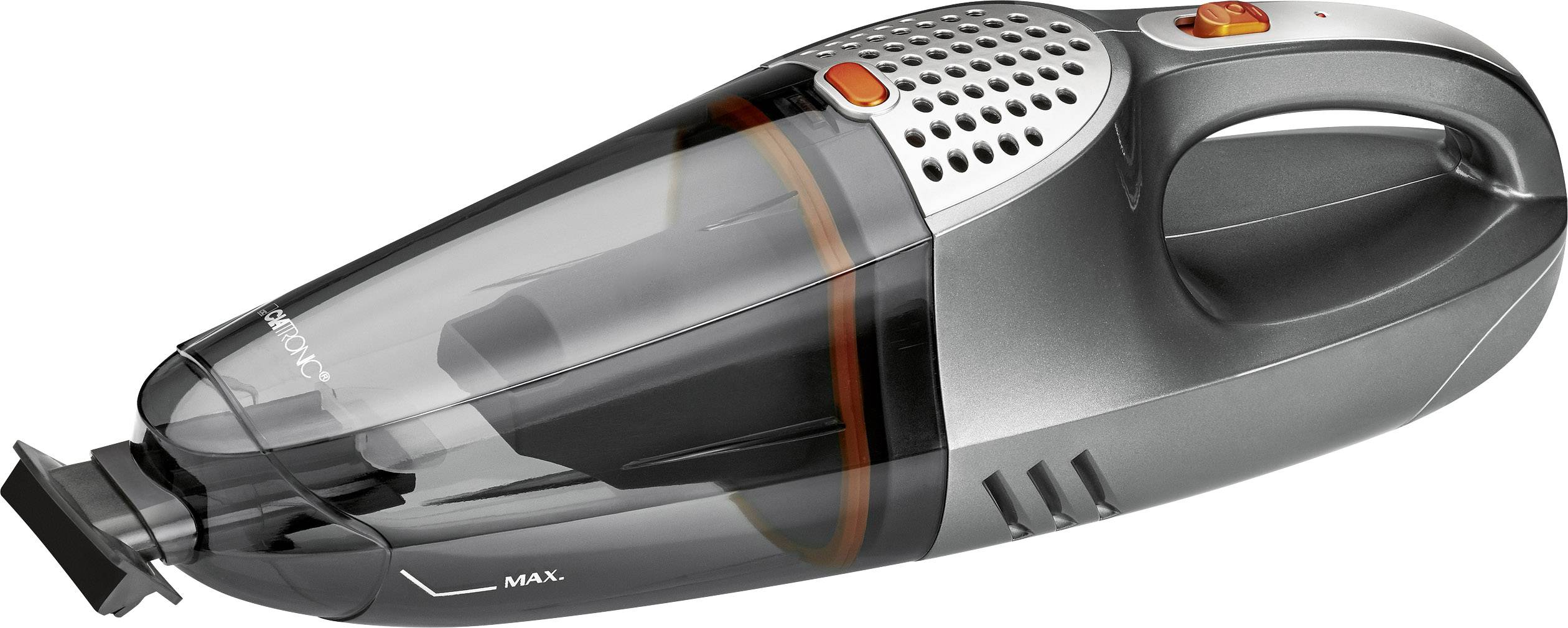 A silver handheld vacuum cleaner with a transparent container and orange accents, suitable for quick cleaning of small areas.