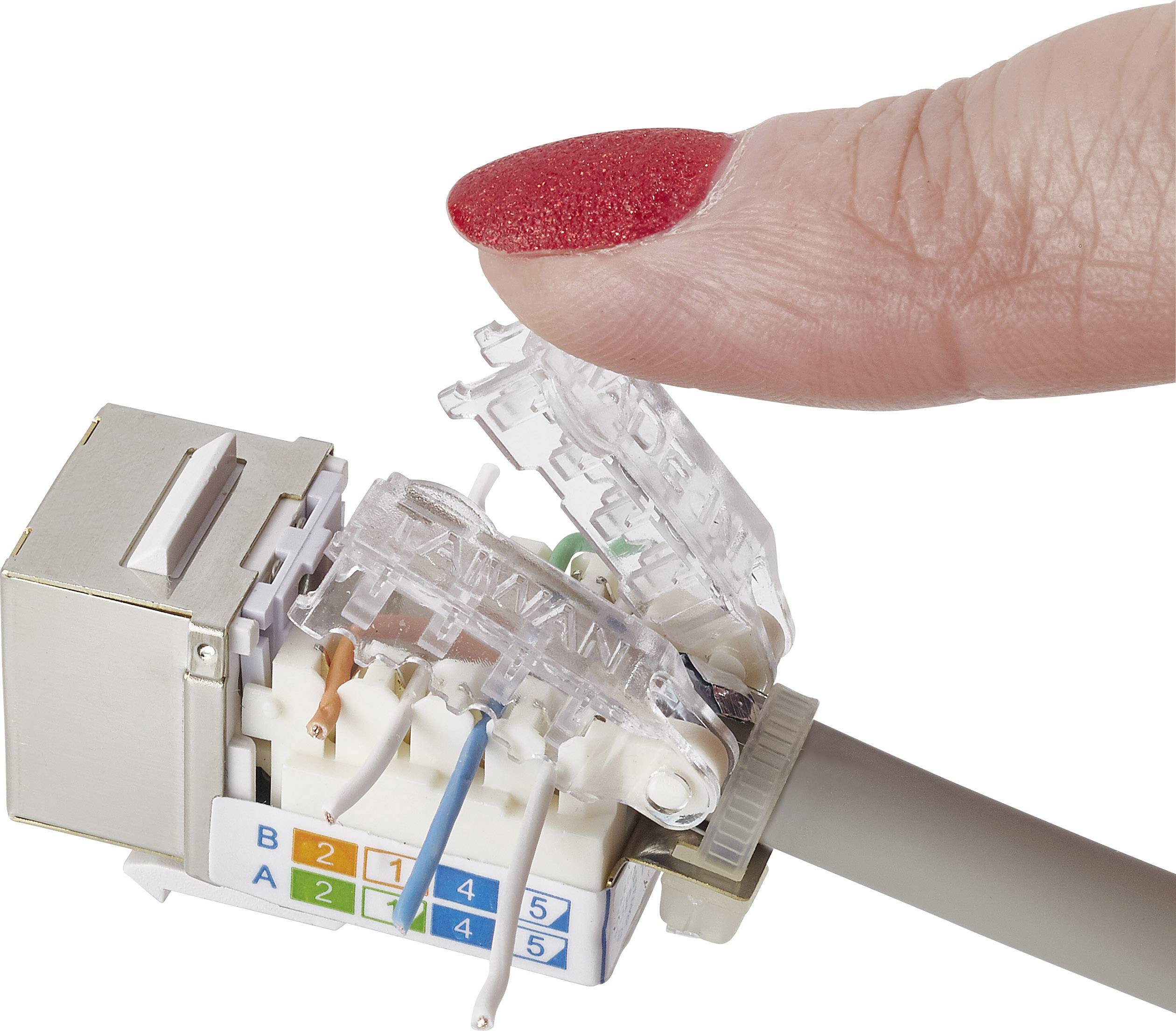 A finger points to an RJ45 socket, with the colour-coded wires visible. This illustrates the connection of an Ethernet cable.
