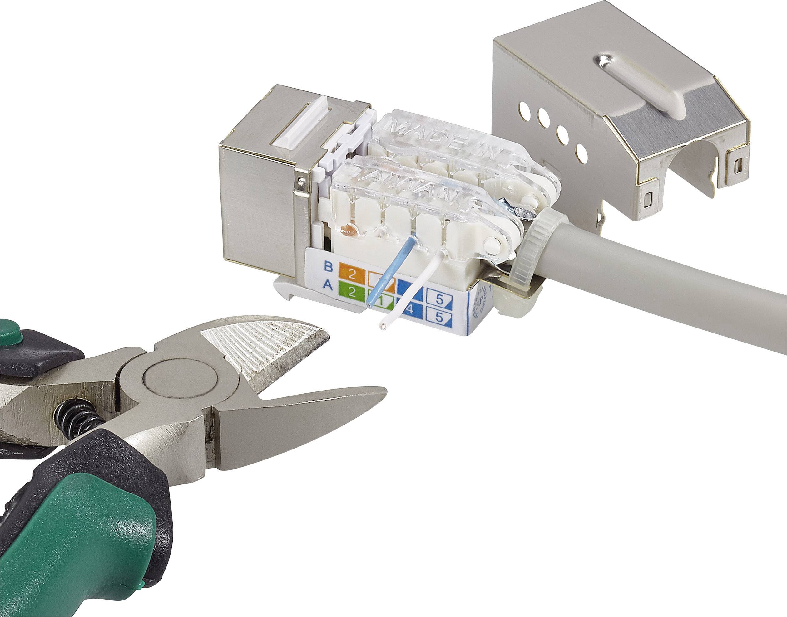 A network cable cutter cutting an Ethernet cable while connected to an RJ45 socket.