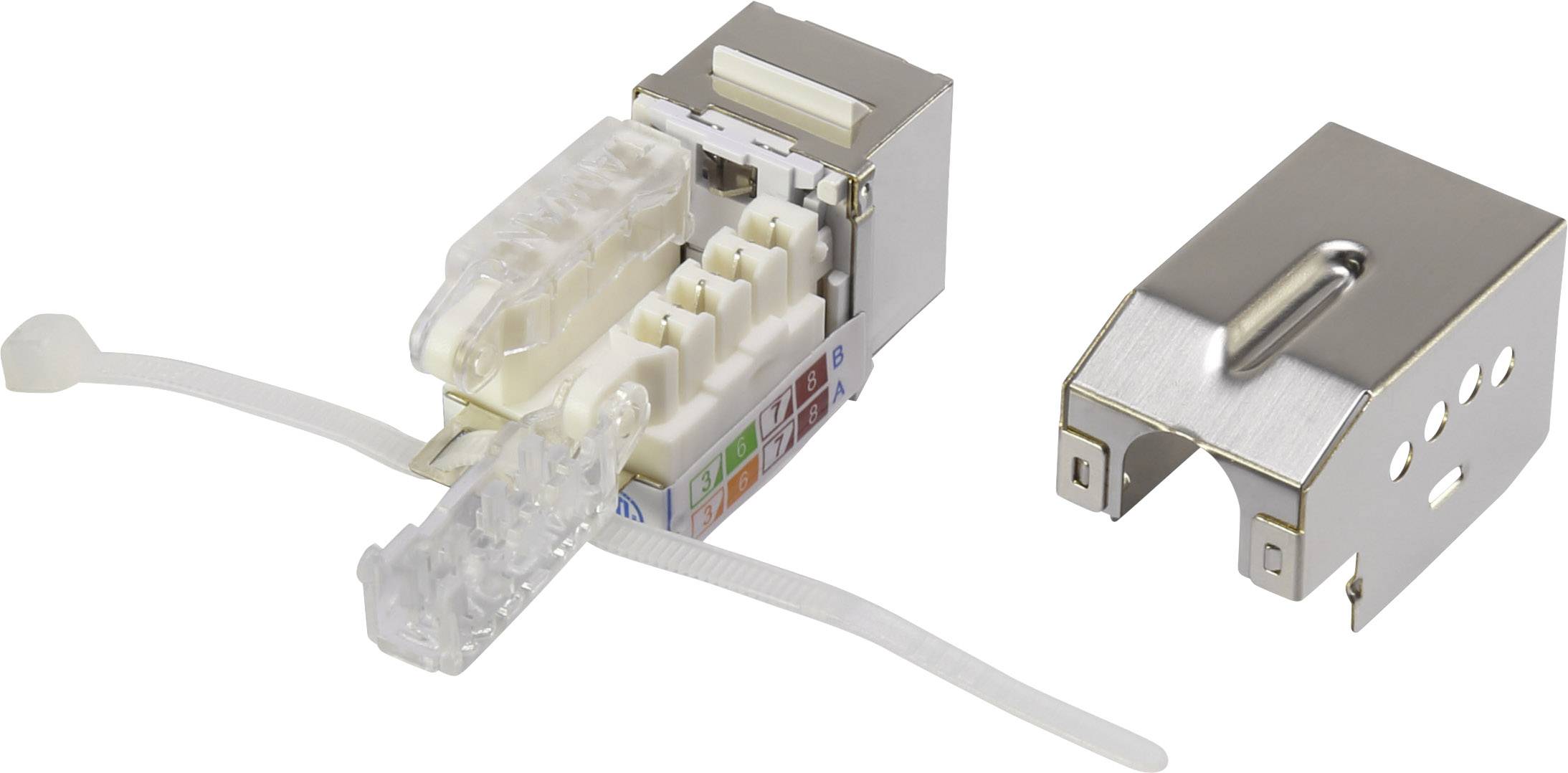 'Shielded Cat.6A network keystone jack' beside metal cover. Jack shows cable connections, with transparent cable tie.