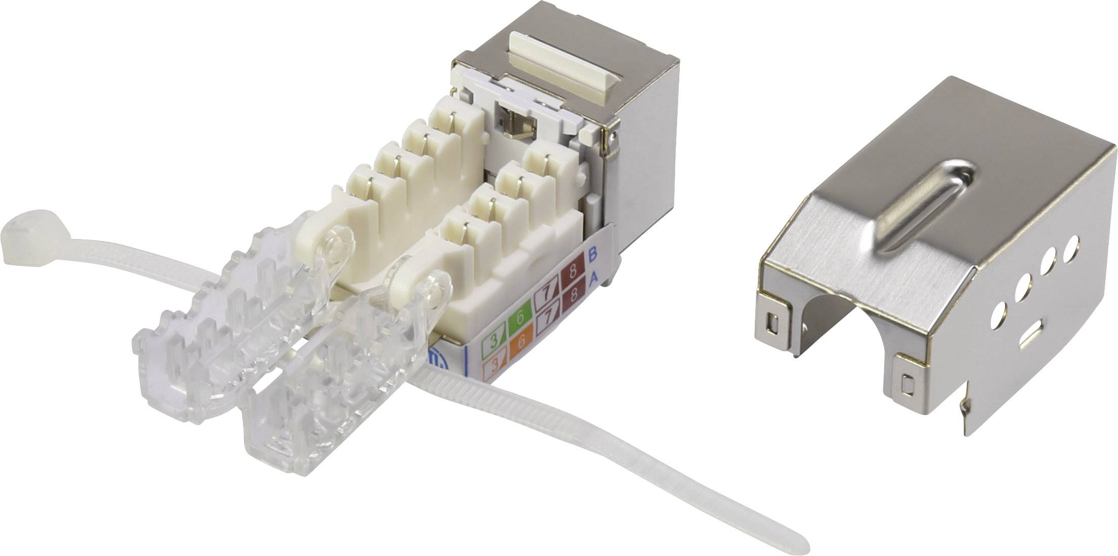 'Shielded RJ45 network module' with open housing. Shows internal connections and colour-coded wiring, with the cover lying to the side.