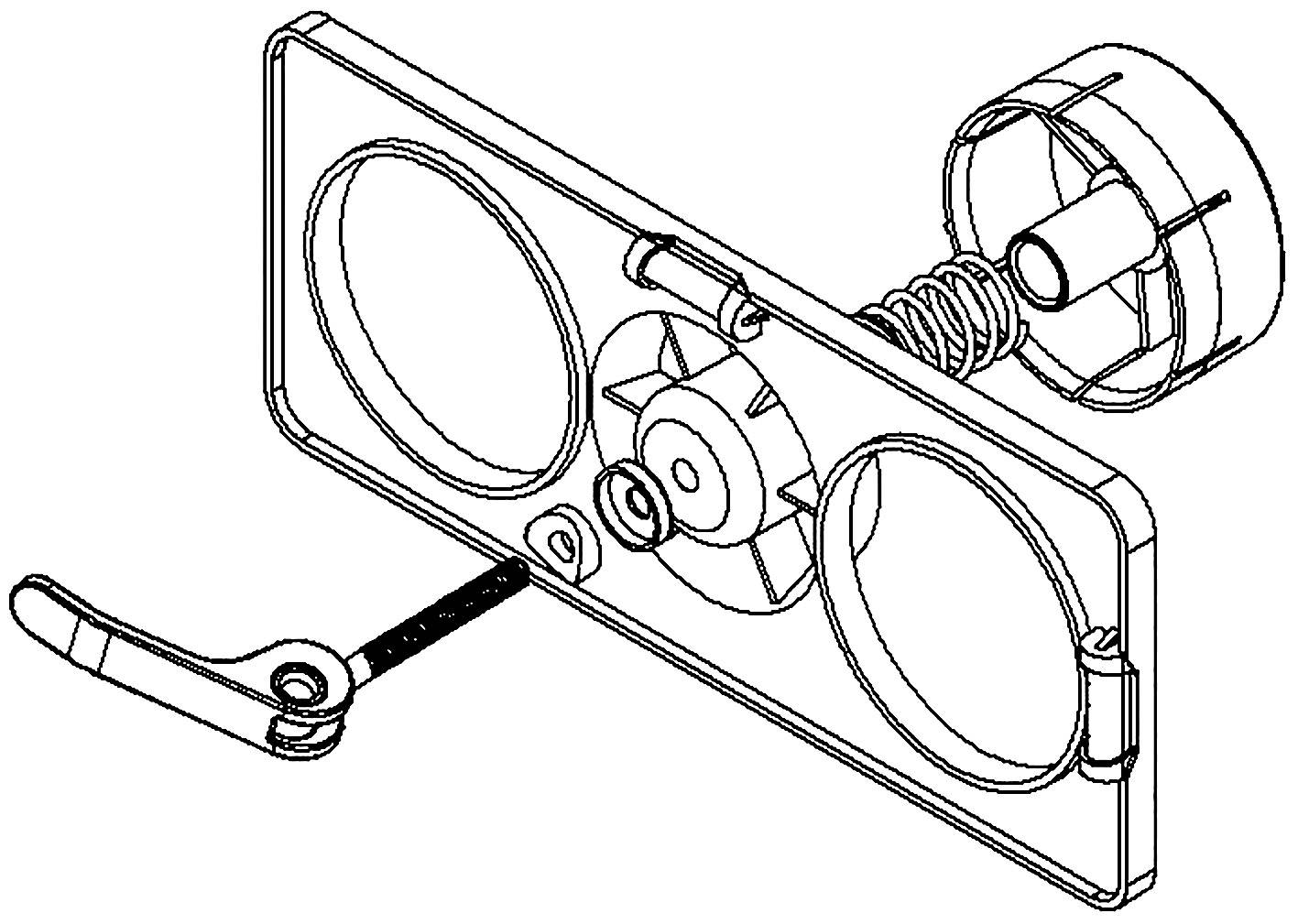 Technical drawing of a locking device with lever and rotational mechanism. Shows detailed components and their arrangement.