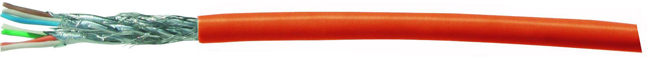 A red cable with multiple coloured, insulated wires inside and a metal braided screening.