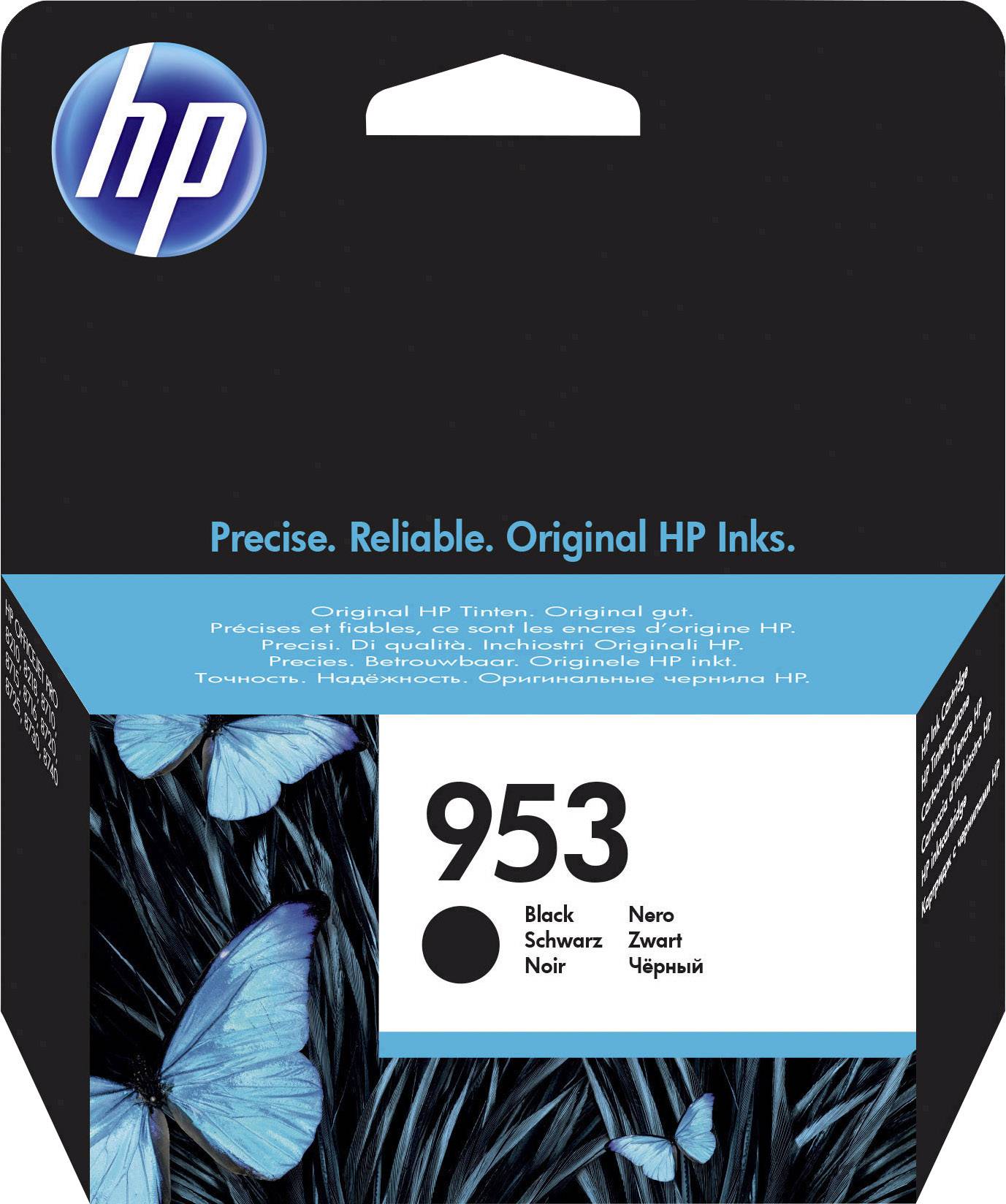 HP Tintenpatrone Verpackung; Blaues Design mit Schmetterlingen; Aufschrift '953 Black Schwarz Nero Zwart' anzeigen; betont: 'Präzise. Zuverlässig. Original HP Tinten.'