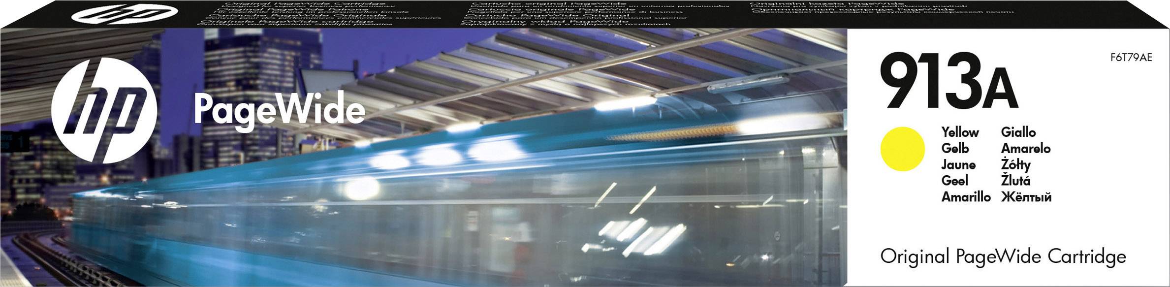 HP PageWide 913A Printer Cartridge Packaging, showing a blurred image of a subway. Colour: Yellow. Original PageWide Cartridge.