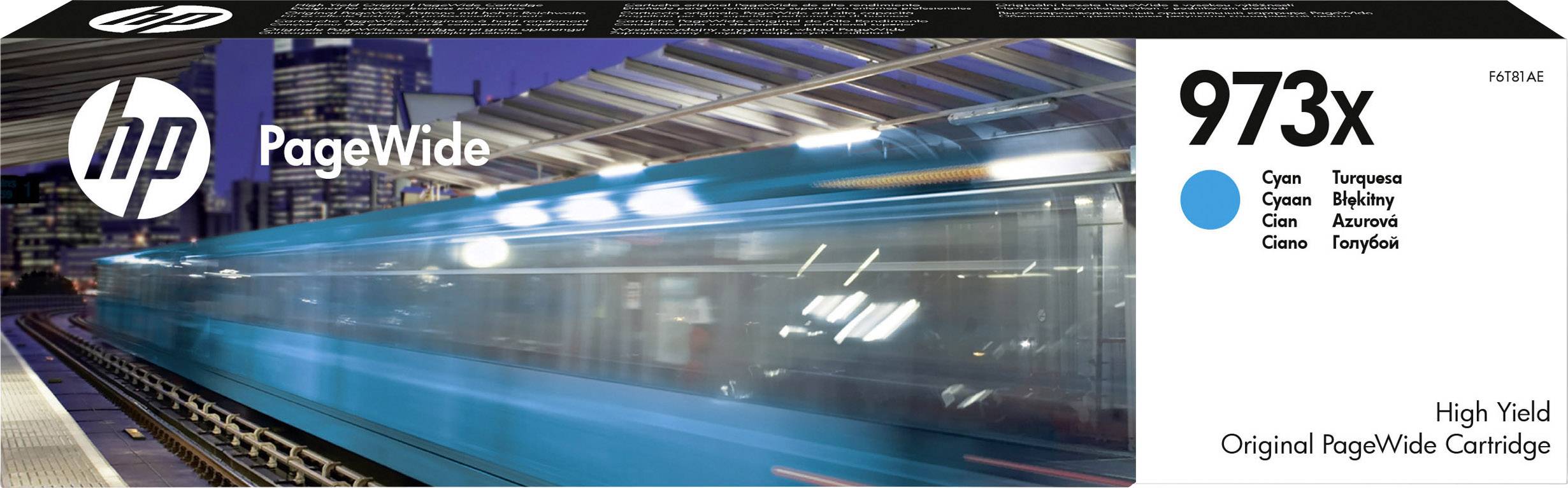 'HP PageWide High Yield Original PageWide Cartridge 973x in Cyan' packaging with a blurred train in the background, urban setting.
