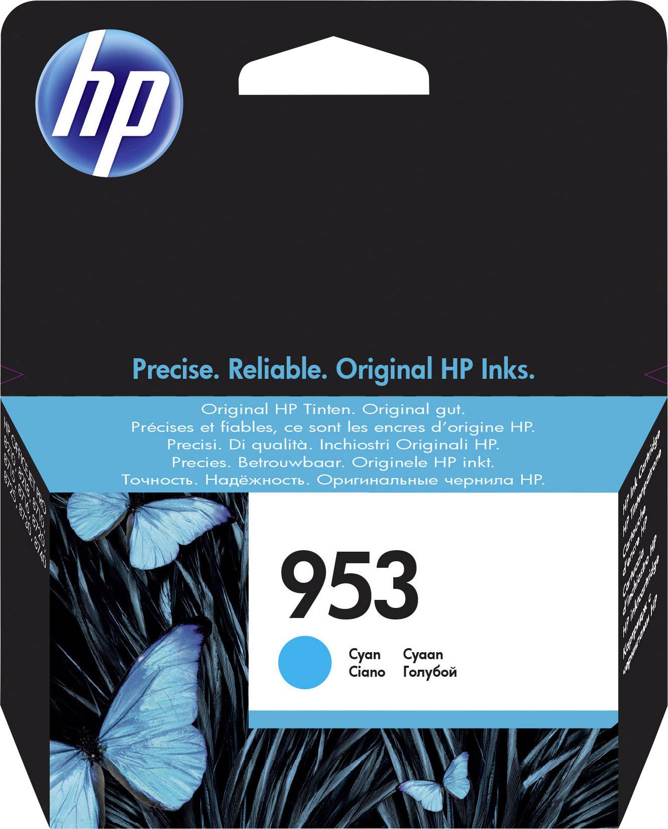 'HP 953' ink cartridge packaging, featuring a blue butterfly design, brand logo, and text reading 'Original HP Ink' in multiple languages.