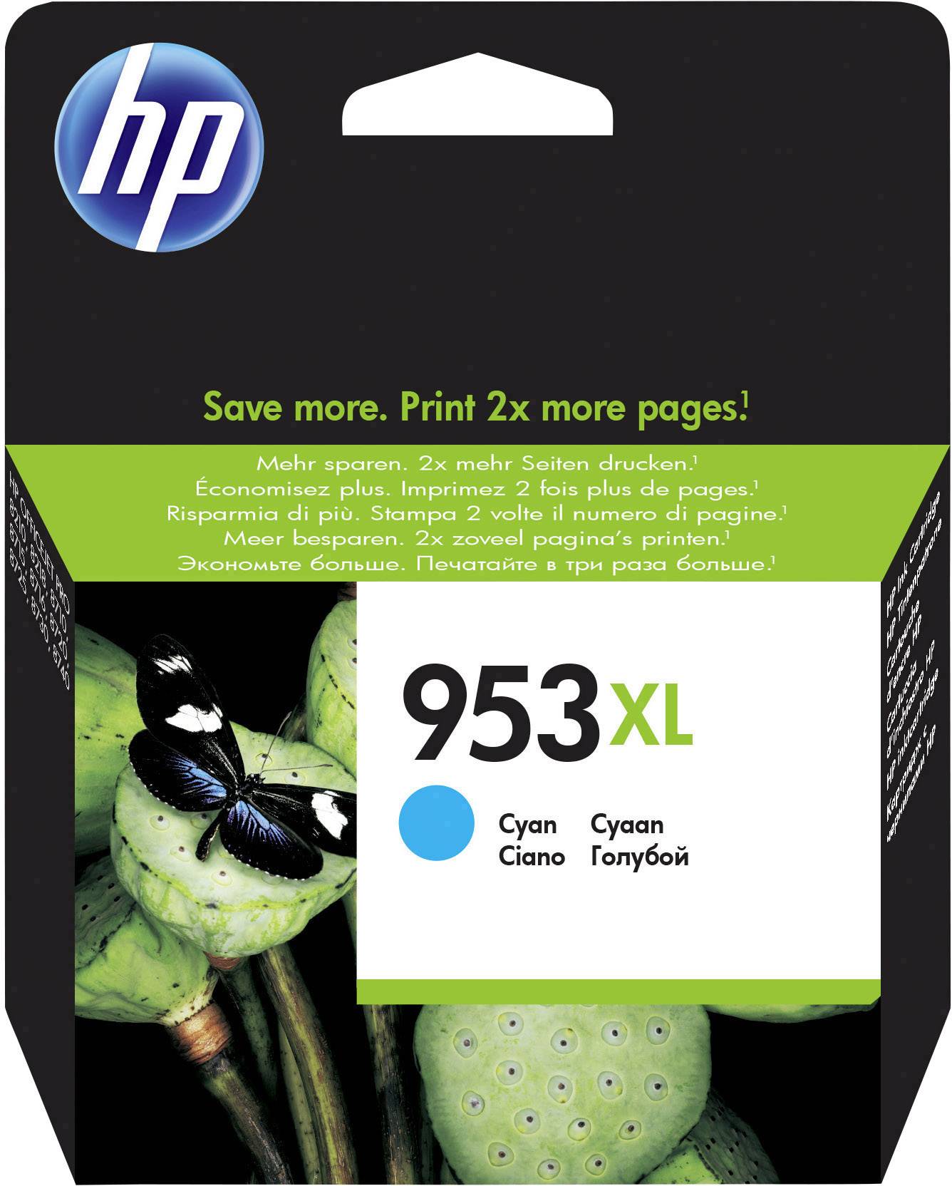 Packaging for an HP 953XL ink cartridge pack, cyan colour, with text in multiple languages and an image of a butterfly on leaves.