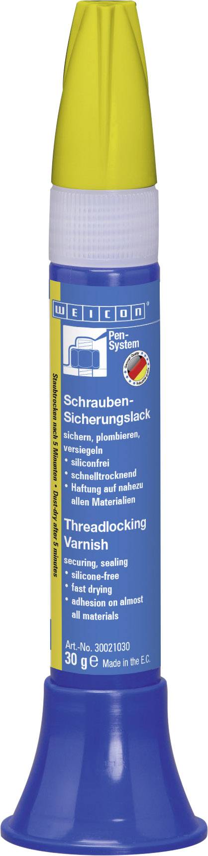 A bottle of blue threadlocking compound with a yellow cap prevents screws from loosening. Contains 30g.