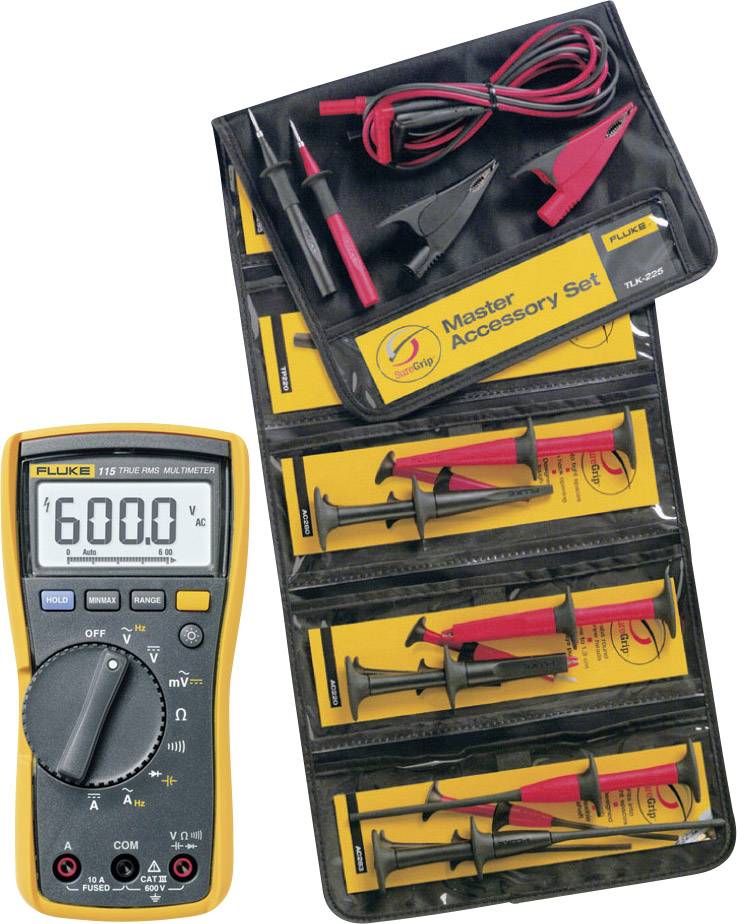 Digital Multimeter with Accessory Set. The display shows '6000'. Includes measurement cables and test probes, arranged in a case.