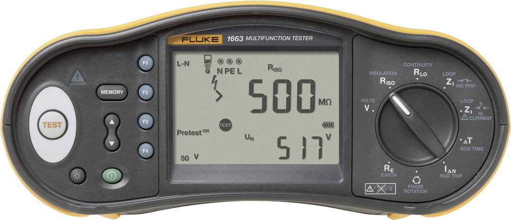 A digital multifunction test device displays a resistance of 500 megaohms and a voltage of 517 volts on the display.
