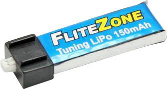 A blue lithium-polymer battery with the inscription 'FliteZone Tuning LiPo 150mAh'.