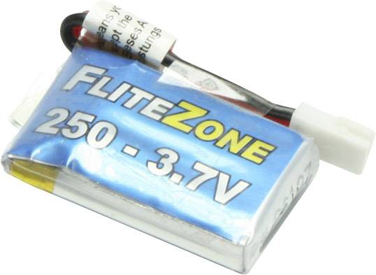 A rechargeable Flitezone Lithium Polymer battery, 250 mAh and 3.7 Volts, with connection cable and plug.