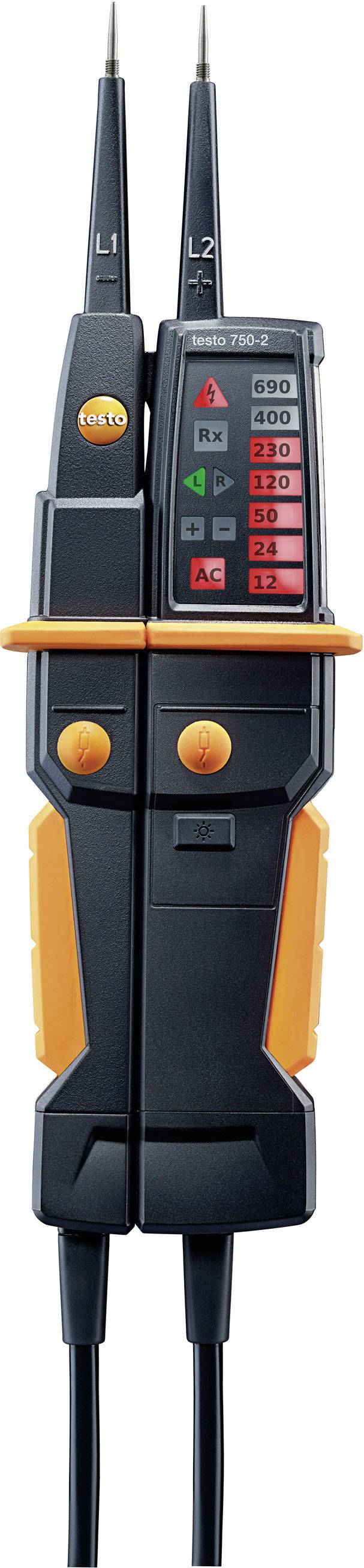 Voltage tester with two measuring probes, display showing voltage and AC/DC mode. Dark casing with orange accents.