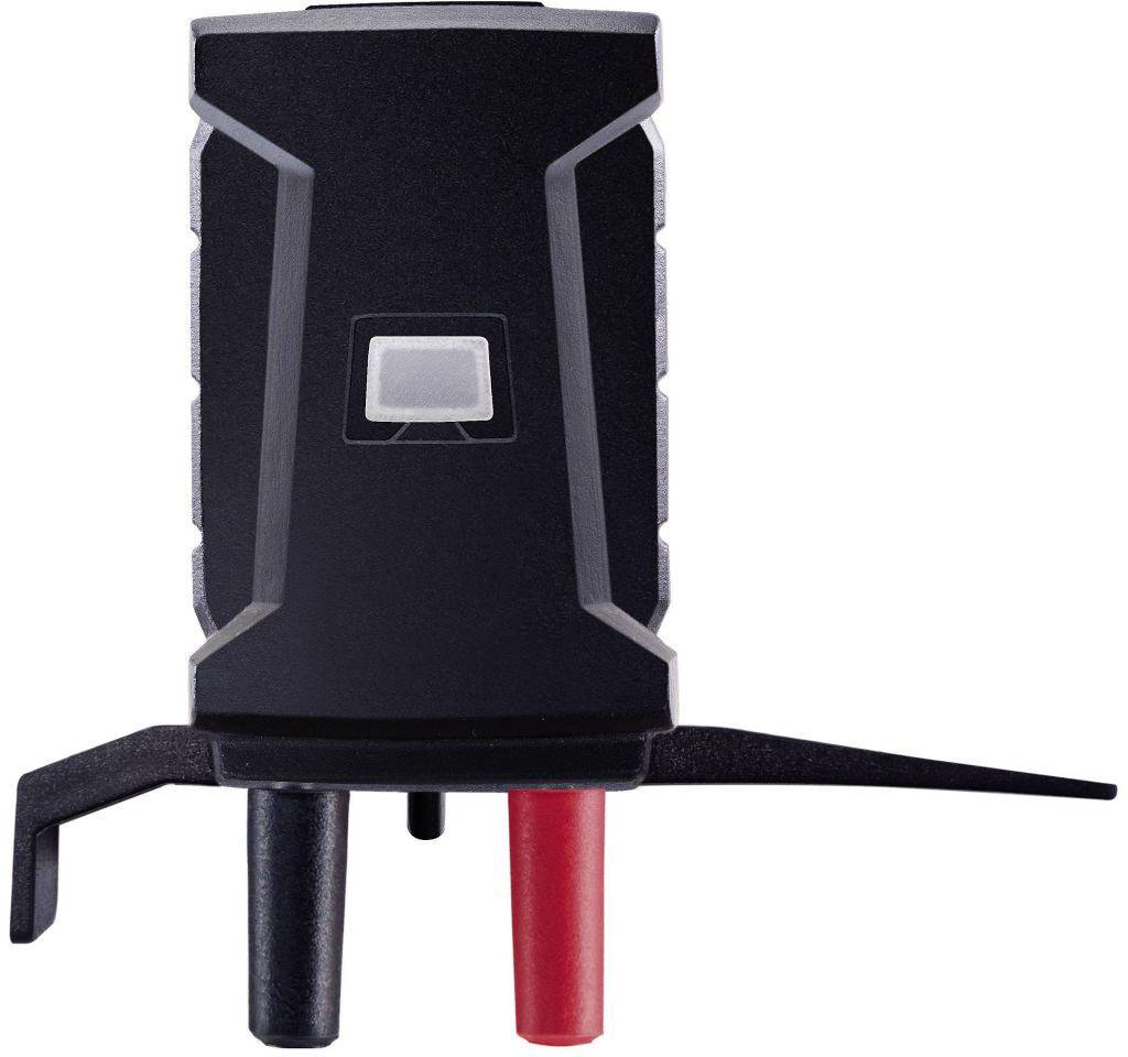 A black electric testing device with two connection terminals, one black and one red, for measuring electrical parameters.