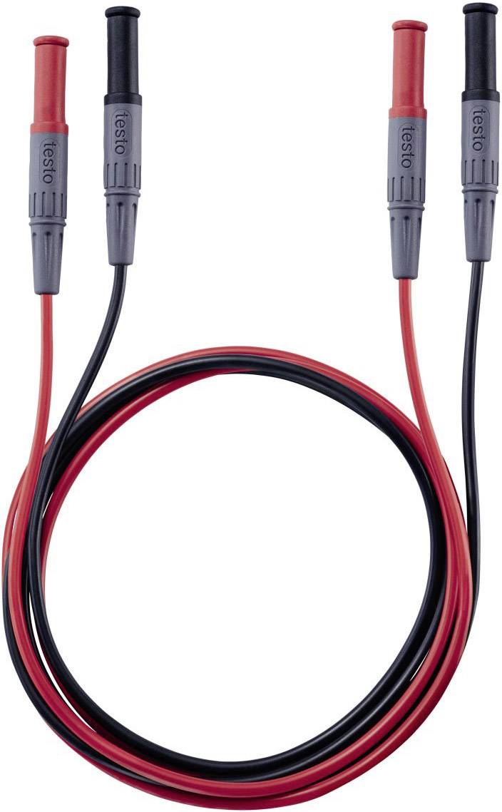 Two measuring cables with red and black plugs. They are suitable for electrical testing purposes. The plugs are labelled with 'Testo'.