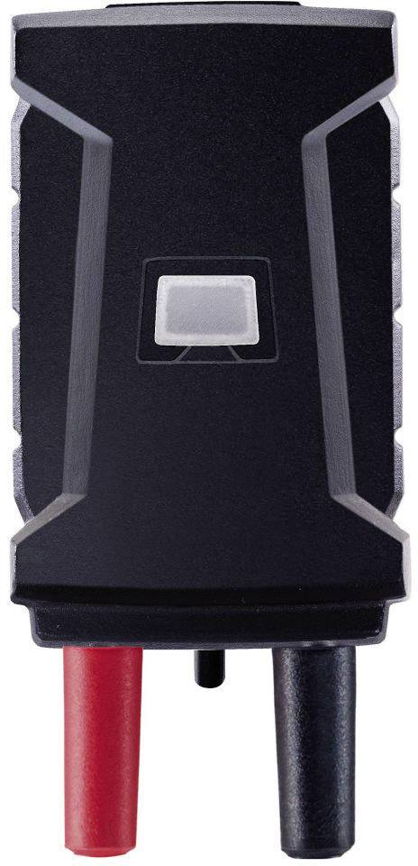 A black adapter with a square button in the centre and two protruding plugs, one red and one black.