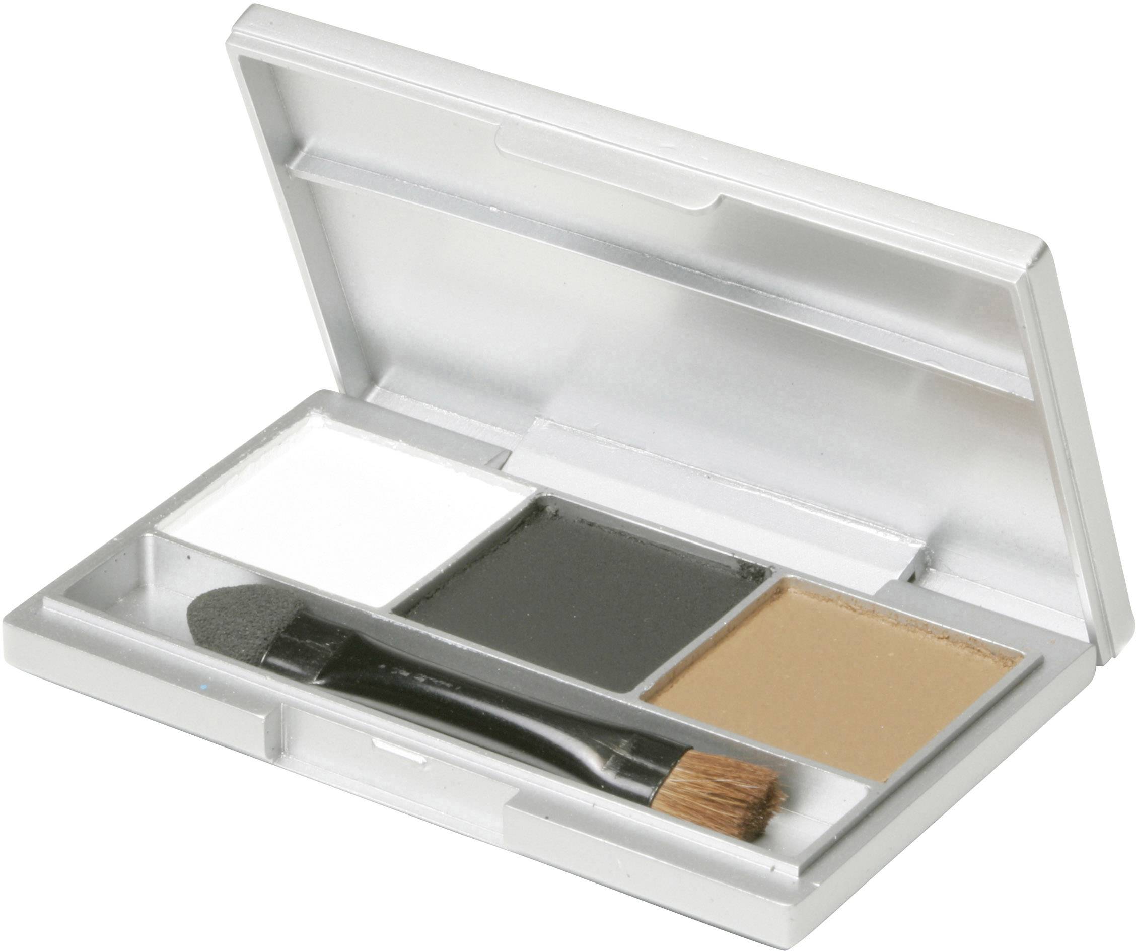 Eyeshadow palette with three colours: White, Black and Brown. Contains two applicators. Opened in rectangular case.