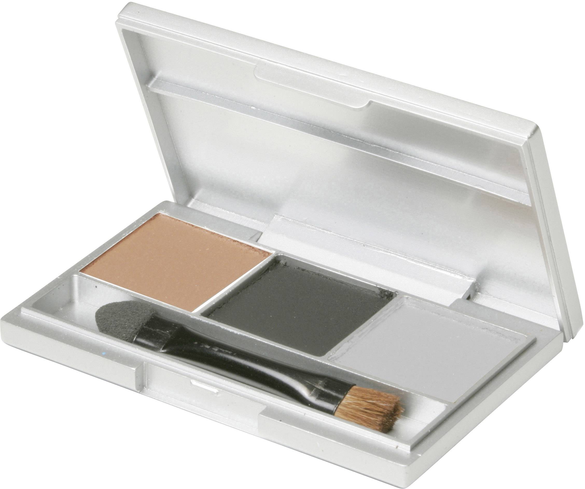Opened make-up palette with two eyeshadow colours in black and grey, a brown blusher, and two small brushes.
