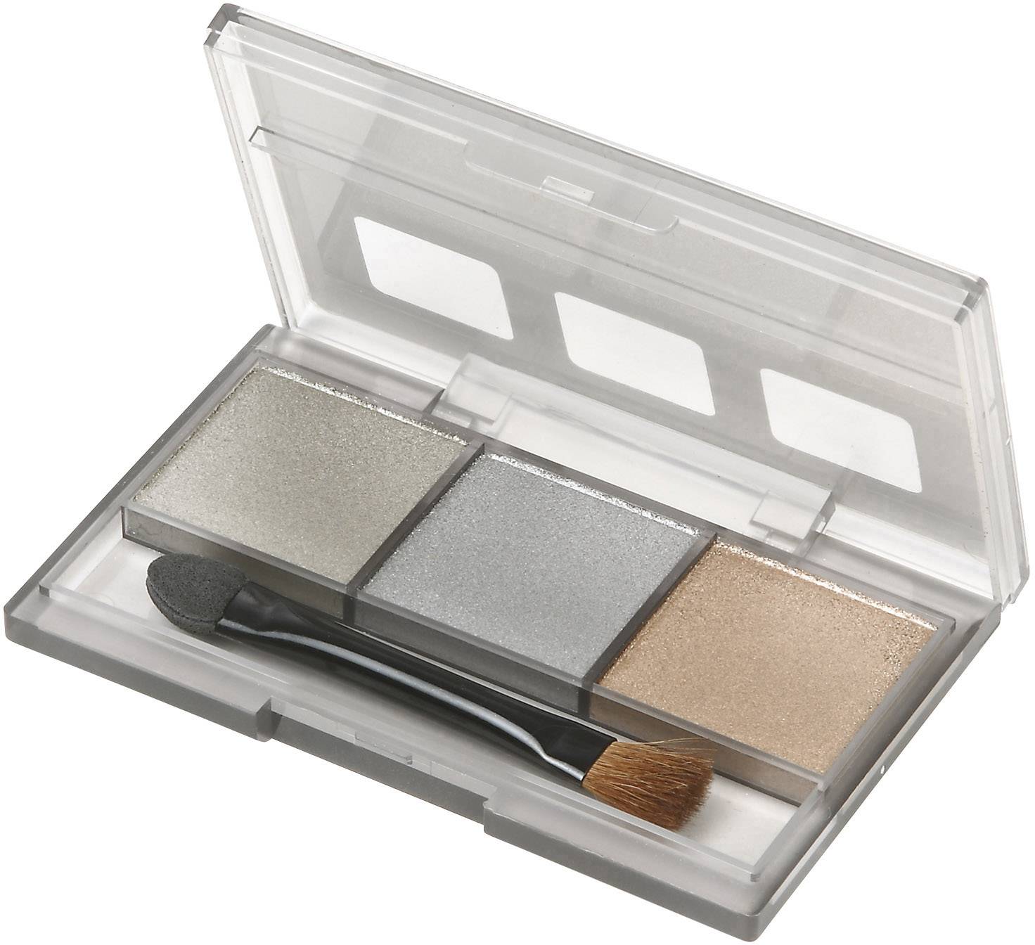 An open eyeshadow palette with three shades: silver, grey, and bronze. An applicator with a sponge and brush is included within it.