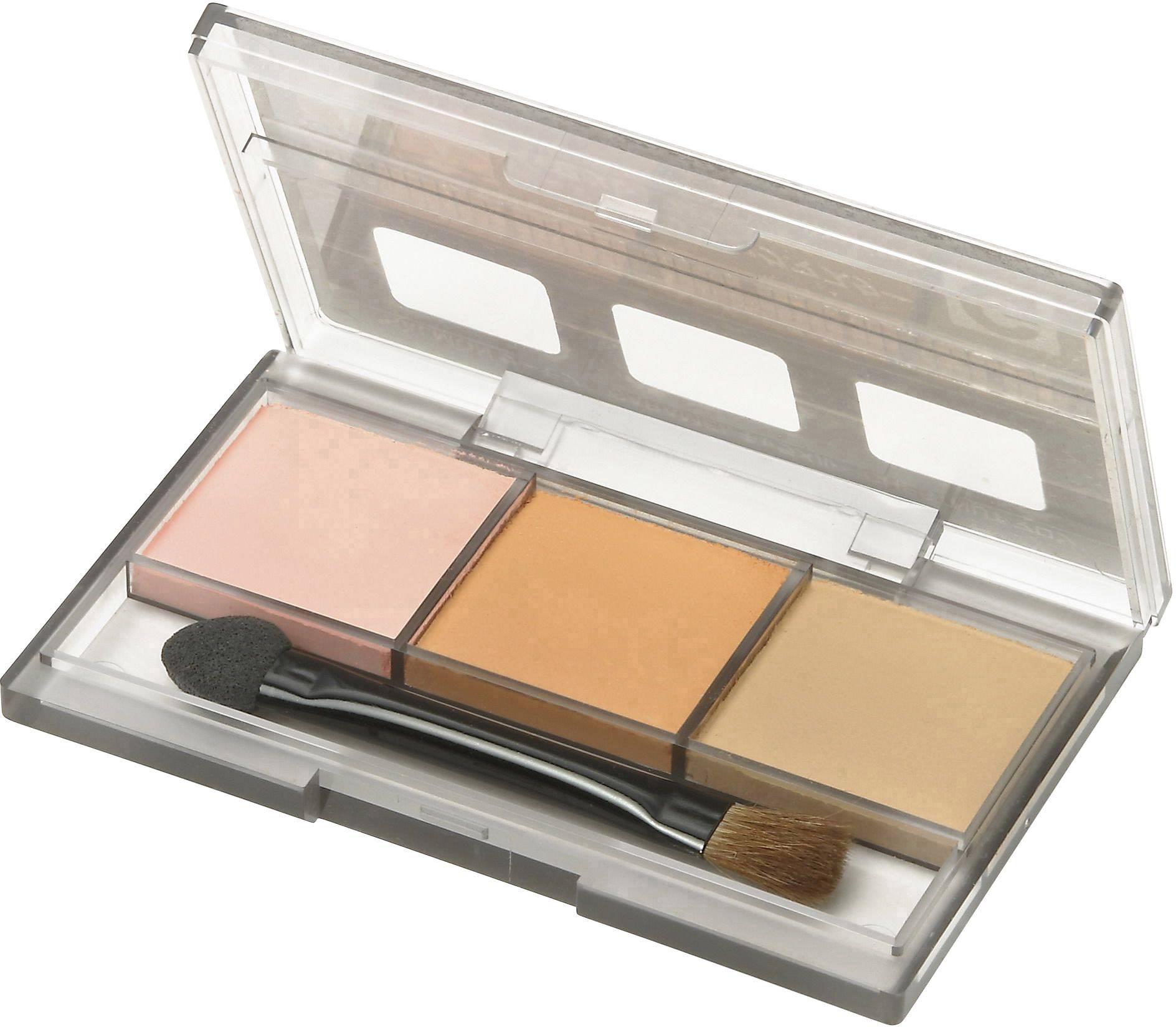 Eyeshadow palette with three colours: Pink, Orange and Brown. Includes two applicators.