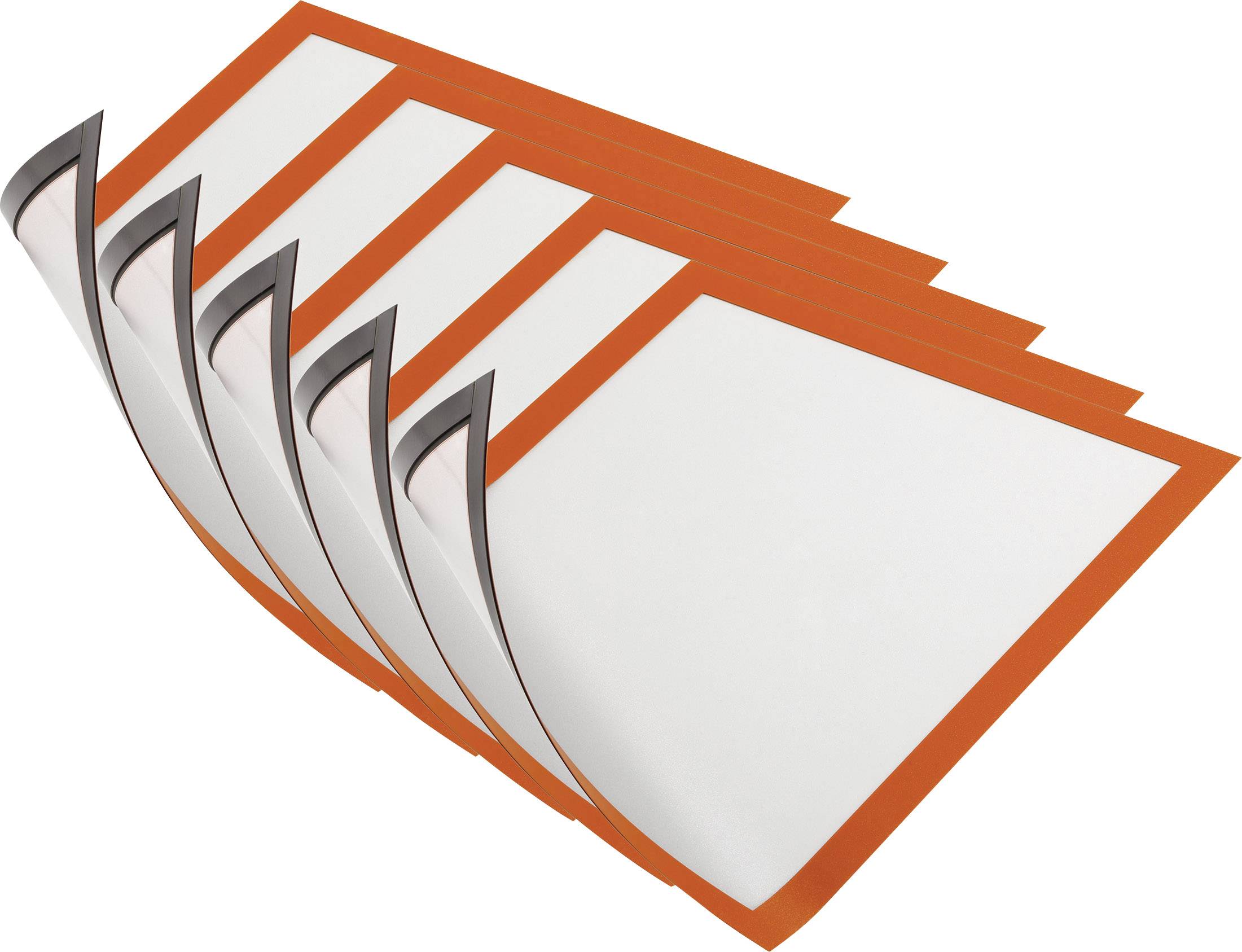 Five orange-white magnetic frames are stacked. The frames are slightly curved, revealing their magnetic backing.
