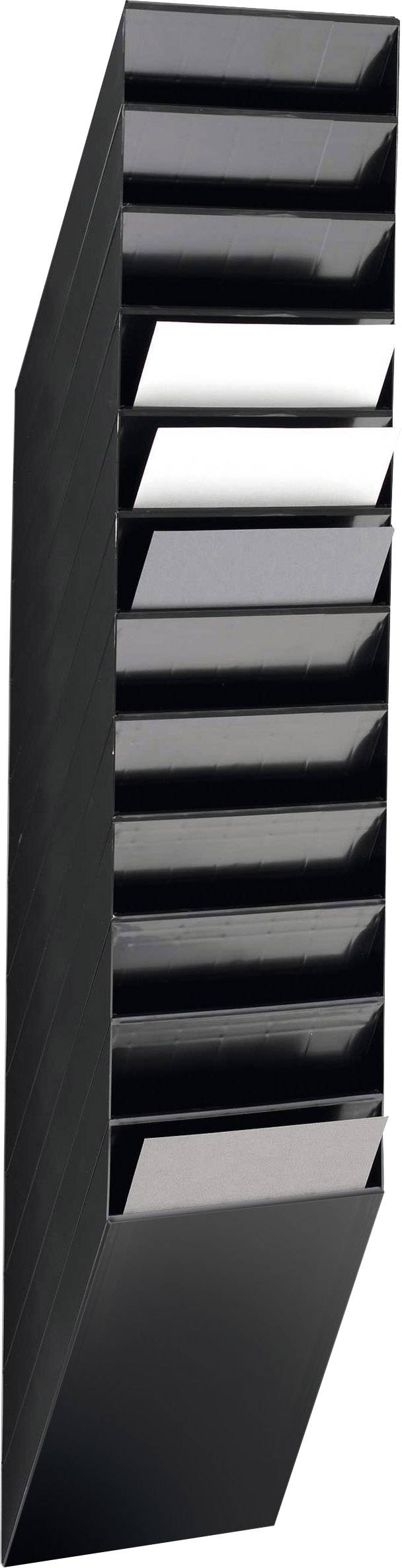 Black, vertical magazine rack with ten compartments slightly angled forwards. Ideal for document organisation.