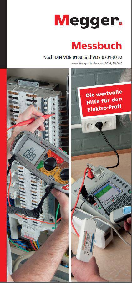 A person is measuring voltage in an electrical cabinet with a multimeter. Advertising banner for a measurement handbook. Text: The valuable aid for the electrical professional.