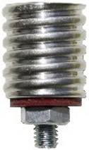 A metal screw with a spiral thread. Beneath it is a washer and a nut.