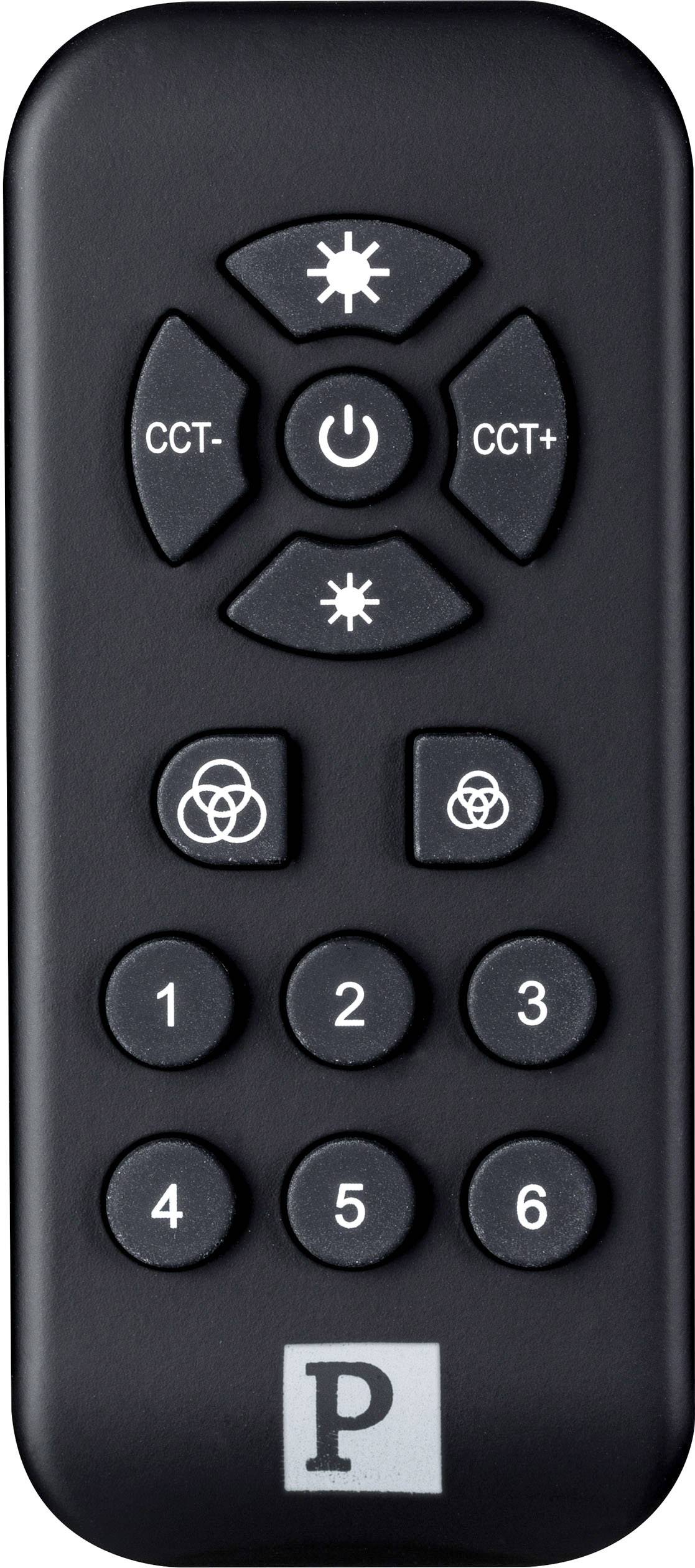 Black remote control with buttons for controlling light intensity and colour temperature. Numbers 1-6 for preset settings.