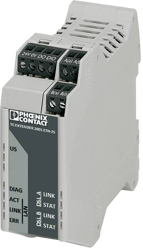 Industrial module from Phoenix Contact with multiple connections, suitable for use in industrial network connections.