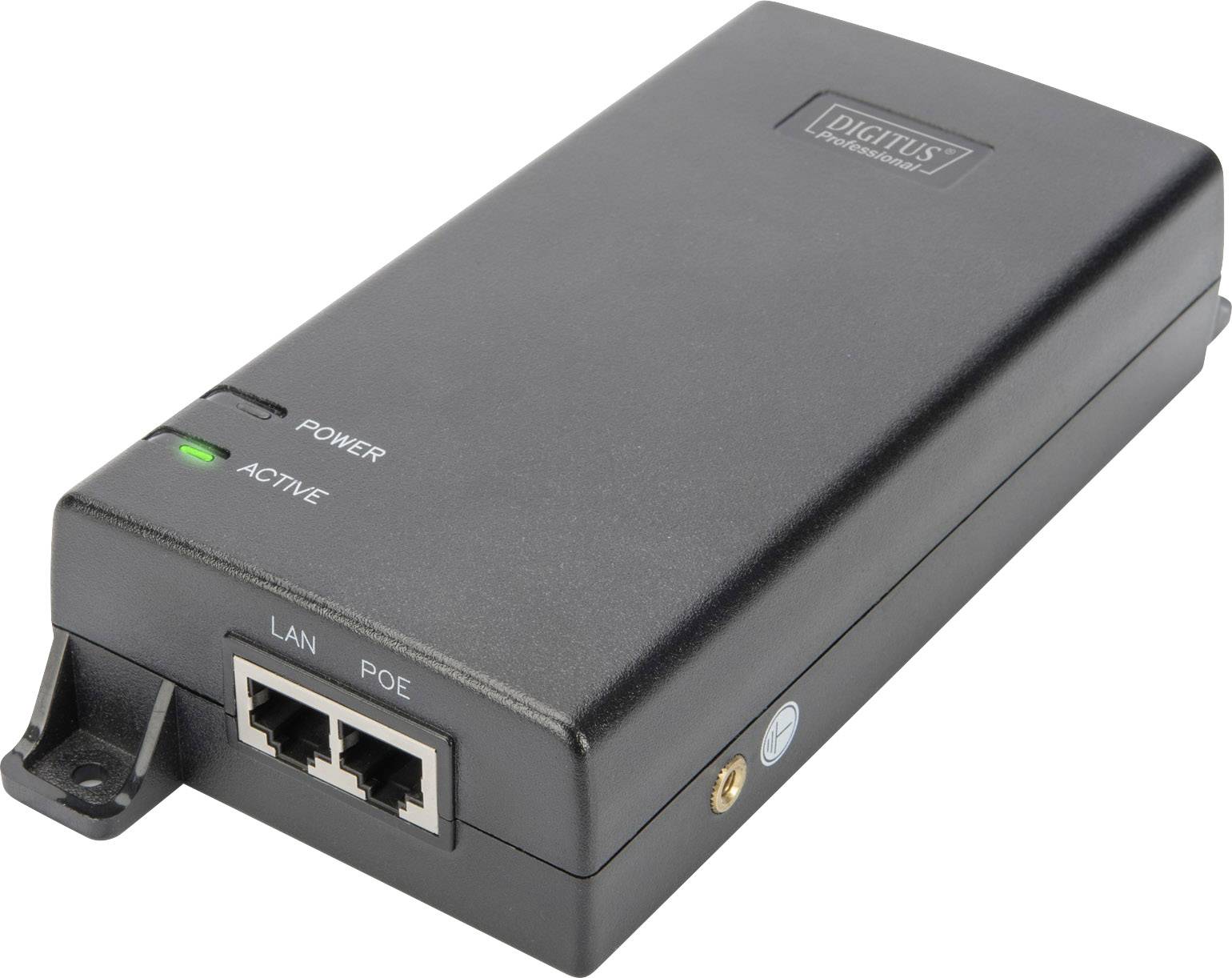 A black network PoE injector with two Ethernet ports, labelled 'LAN' and 'PoE'. LED indicators display the status.