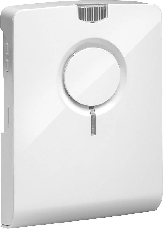 A white, square wall-mounted dispenser with a circular viewing window and side sliding control, suitable for hygiene products.