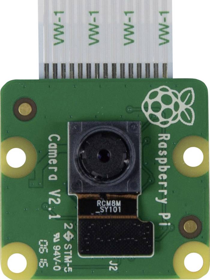 Small circuit board with camera, labelled 'Raspberry Pi Camera V2.1'. Contains sensor in the centre, flat ribbon cable connected at the top.