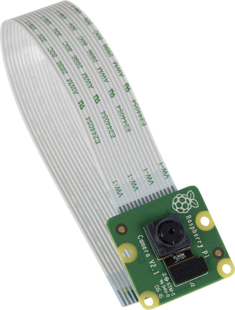 A Raspberry Pi camera with a ribbon cable, suitable for projects such as surveillance, robotics, and photography with the mini-computer.
