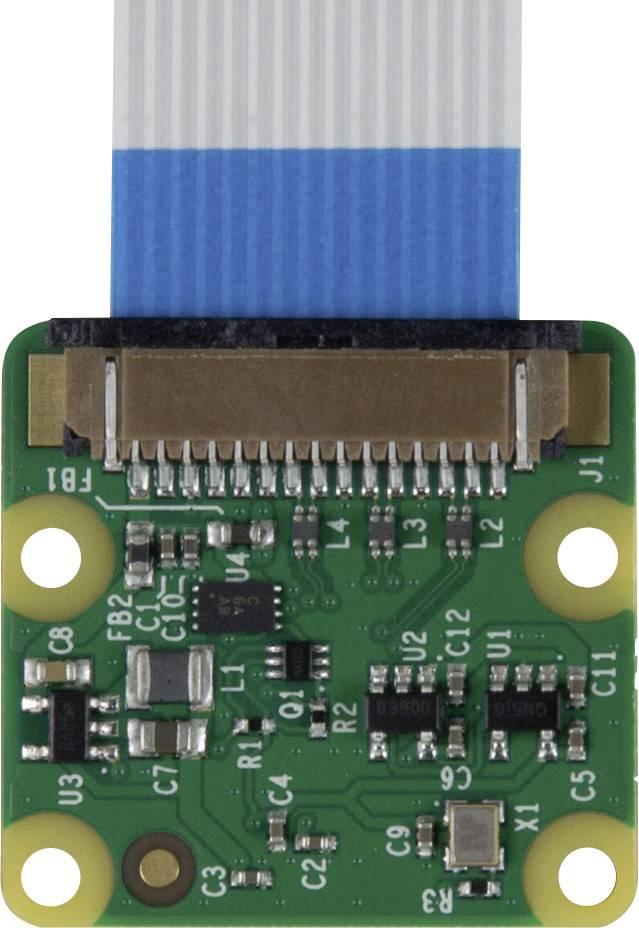 A green circuit board with various chips and connectors, with a blue and white ribbon cable connected to it.