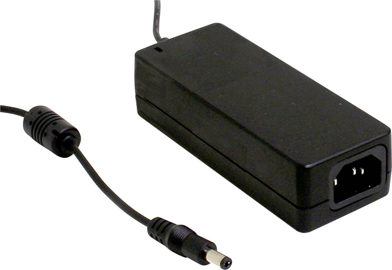 Black glossy power supply with power cable and plug, suitable for electronic devices, on a white background.