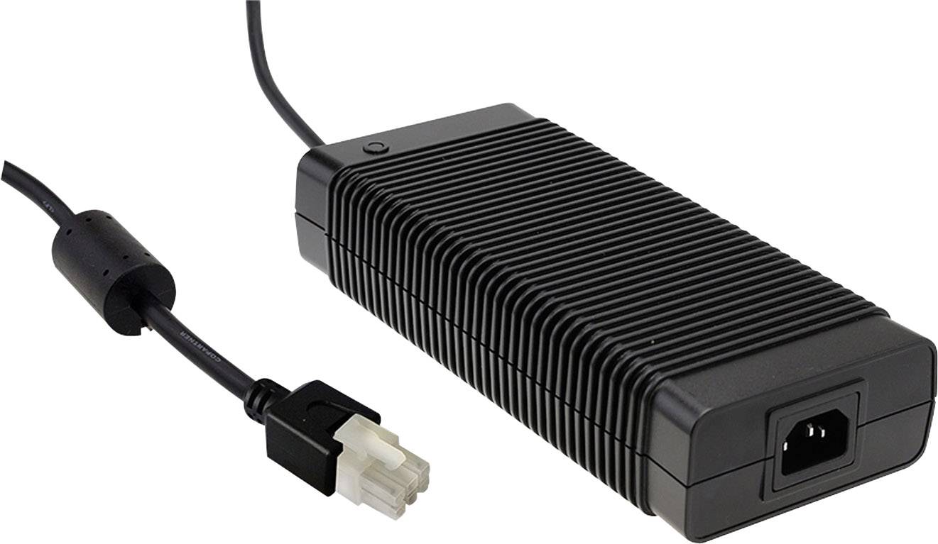 Black power supply with a ribbed surface and cable featuring a six-pin plug. It is used to power electronic devices.