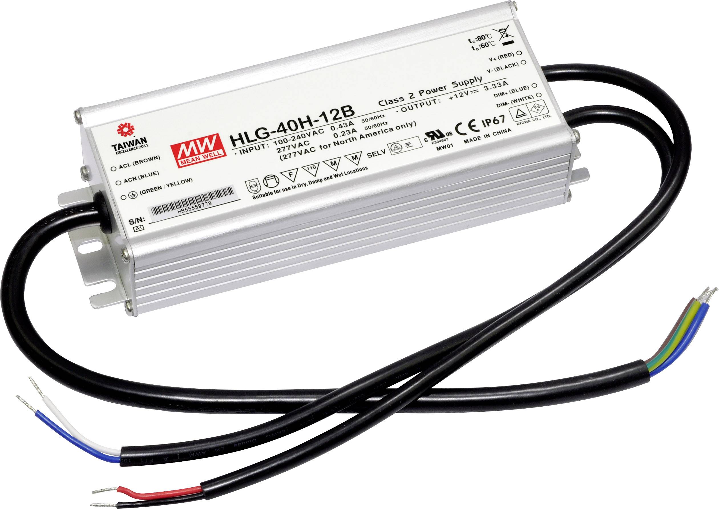 MW Mean Well HLG-40H-24B LED driver, LED transformer Constant voltage, Constant current 40 W 1.67 A 14.4 - 24 V DC dimmable, PFC