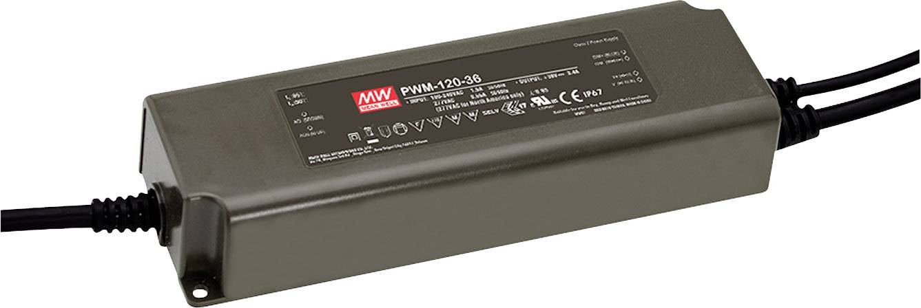 Dust-tight, waterproof power supply unit. Rectangular housing with cable connections on both sides and a black label displaying technical specifications.