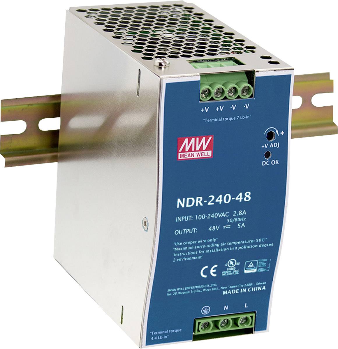 Industrial power supply by MEAN WELL, model NDR-240-48, mounted on a DIN rail. Input: 100-240VAC; Output: 48V, 5A.