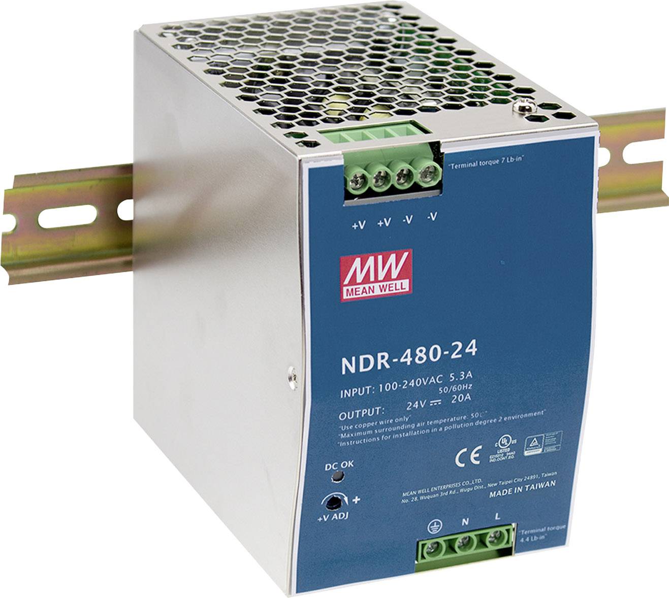 Industrial power supply mounted on DIN rail. Label shows 'Mean Well NDR-480-24', input: 100-240VAC, output: 24V 20A.