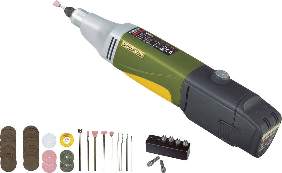 A multifunctional tool with a green and black handle, accompanied by accessories such as grinding discs and drill bits; suitable for precision work.