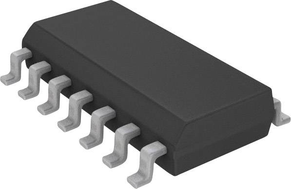A black, rectangular integrated circuit (IC) with eight curved metal pins, typically used in electronic devices.